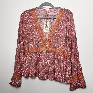 Easel Floral Lace Peasant Bohemian Spring Loose Blouse NEW M